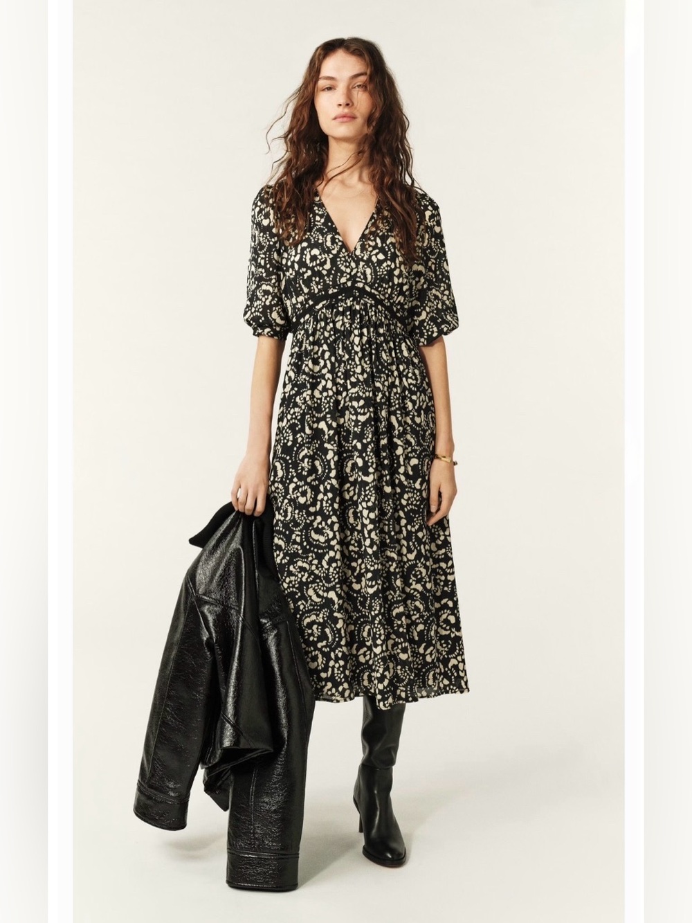 ba&sh Black and Cream Printed V-Neck Midi Dress NWT